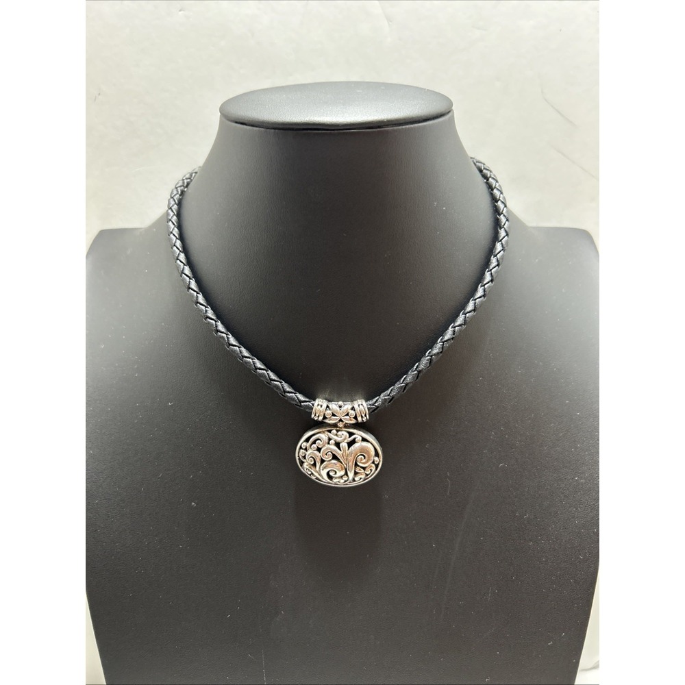 Sterling Silver Pendant Leather Cord Necklace Ornate Oval Filigree Black Braided